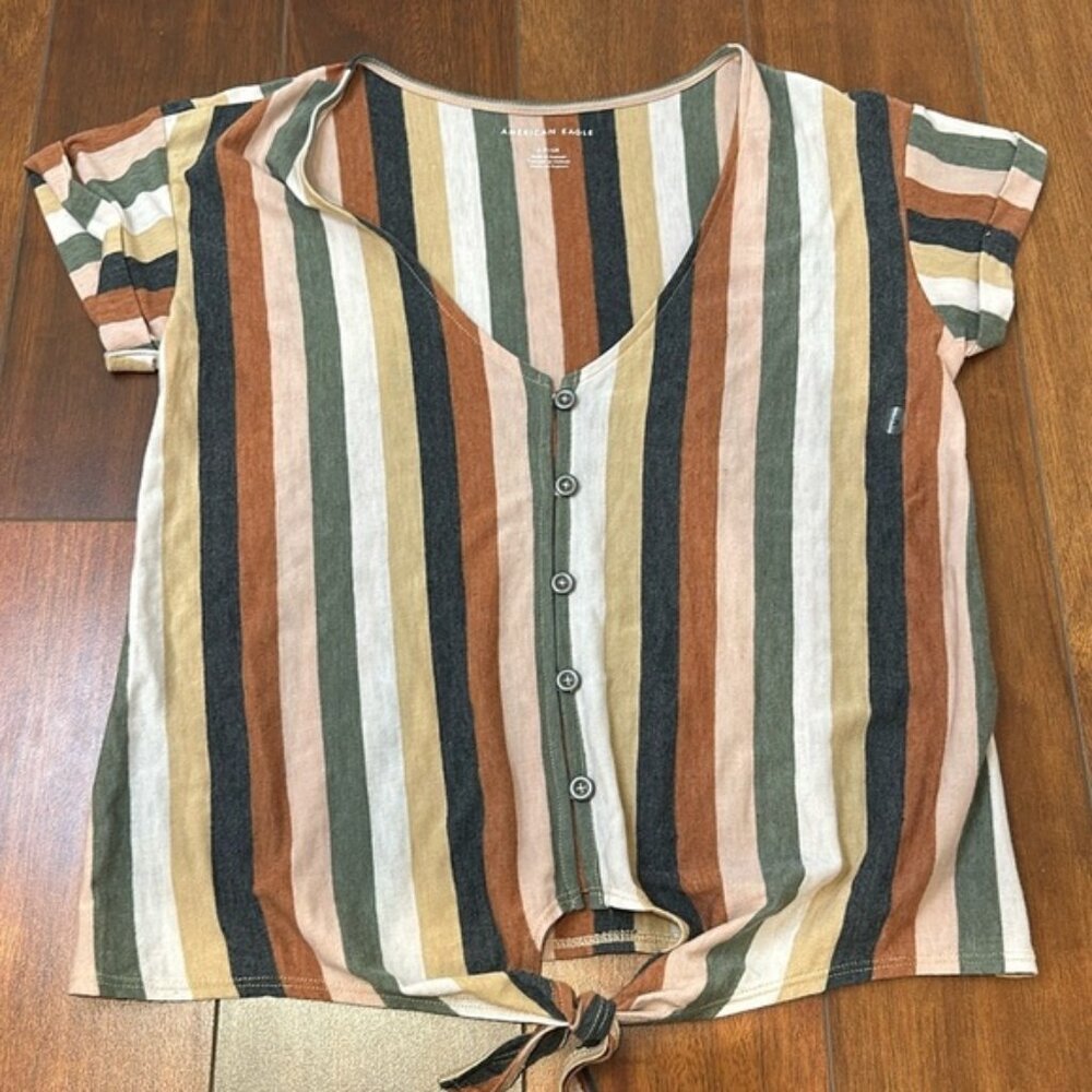 NWOT American Eagle Tie Front Stripped Short Short Sleeve Small